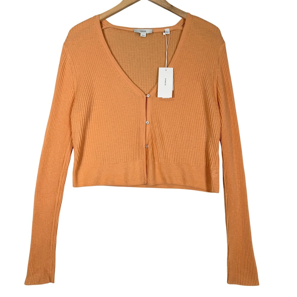 New Vince Cashmere Silk Ribbed Shrunken Button Cardigan Sweater Cantelope XL - Picture 2 of 14